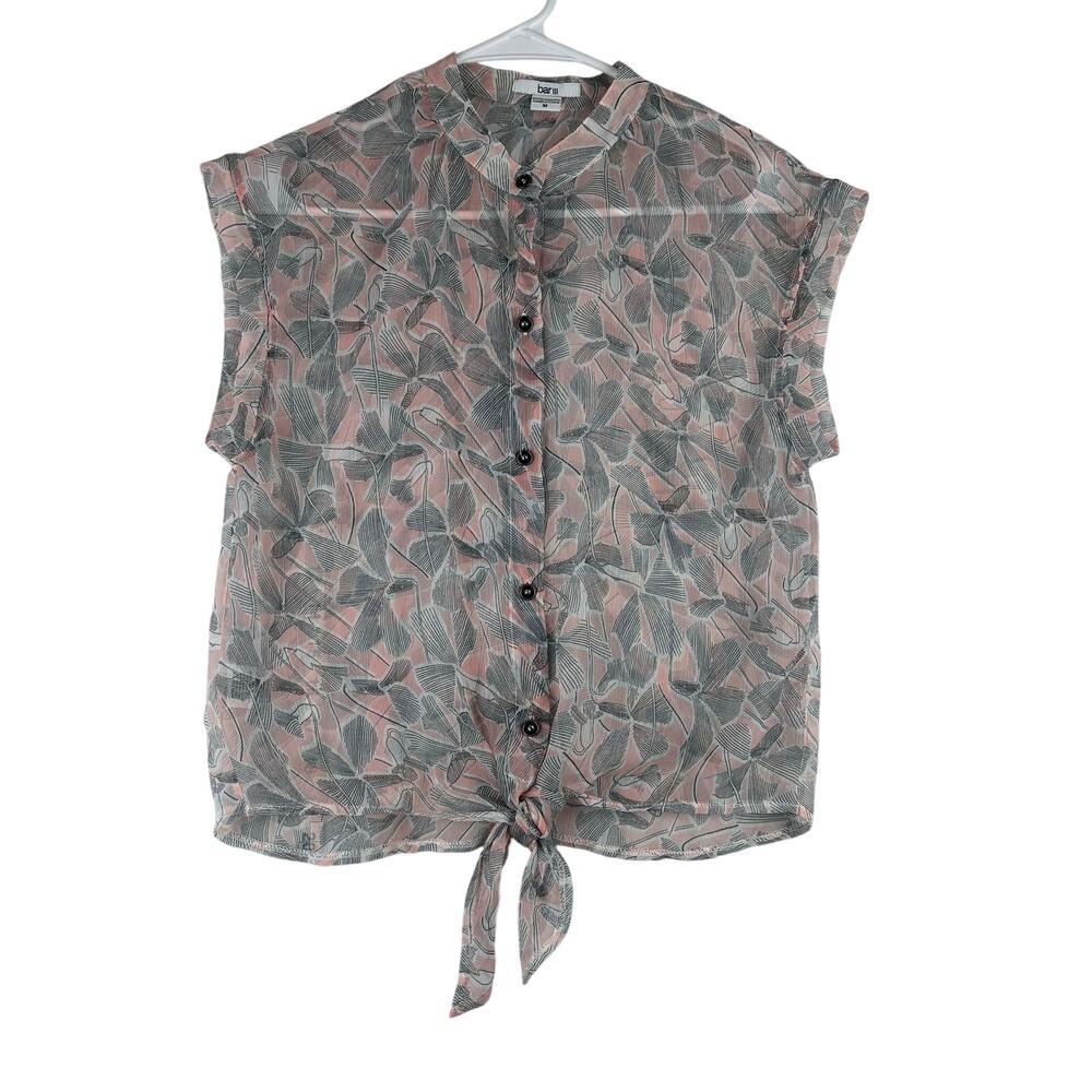 Bar III Cap Sleeve Button Up Top Women's Medium Sheer Abstract Floral Tie Front